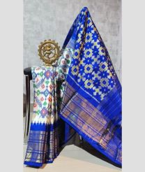 Half White and Royal Blue pochampally ikkat pure silk sarees with All over Pochampally ikkat design