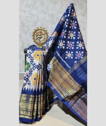 Half White and Navy Blue pochampally ikkat pure silk sarees with All over Pochampally ikkat design