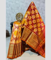 Yellow and Chestnut pochampally ikkat pure silk sarees with All over Pochampally ikkat design