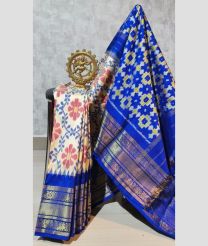 Cream and Royal Blue pochampally ikkat pure silk sarees with All over Pochampally ikkat design