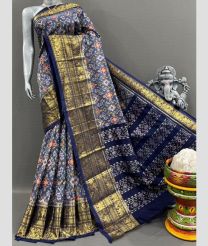 Grey and Navy Blue pochampally ikkat pure silk sarees with Kanchi Border design
