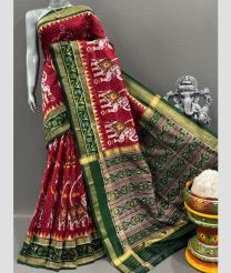 Crimson and Green pochampally ikkat pure silk sarees with Kanchi Border design