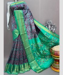 Grey and Turquoise pochampally ikkat pure silk sarees with Kanchi Border design