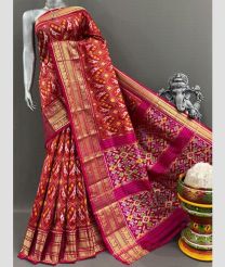 Tomato Red and Pink pochampally ikkat pure silk sarees with Kanchi Border design