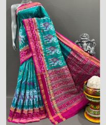 Blue Turquoise and Pink pochampally ikkat pure silk sarees with Kanchi Border design