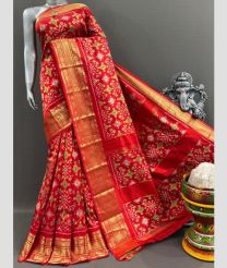 Crimson and Golden pochampally ikkat pure silk sarees with Kanchi Border design