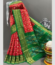 Crimson and Lite Green pochampally ikkat pure silk sarees with Kanchi Border design