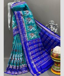 Blue Turquoise and Royal Blue pochampally ikkat pure silk sarees with Kanchi Border design