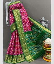 Hot Pink and Lite Green pochampally ikkat pure silk sarees with Kanchi Border design
