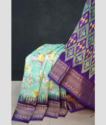 Lite Turquoise and Purple pochampally ikkat pure silk sarees with All over Digital Printed design