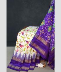 Half white and Purple pochampally ikkat pure silk sarees with All over Digital Printed design