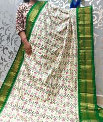 Cream and Green pochampally ikkat pure silk sarees with All over Ikkat design