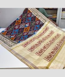 Cream and Black pochampally ikkat pure silk sarees with All over Rajkot Patola Madthasu design