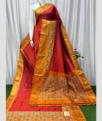 Valentine Red and Mustard Yellow pochampally ikkat pure silk sarees with All over Checks design