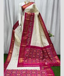Half White and Deep Pink pochampally ikkat pure silk sarees with All over Checks design