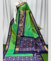 Spring Green and Navy Blue pochampally ikkat pure silk sarees with All over Checks design