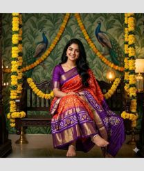 purple and coral red colour pochampally ikkat pure silk sarees with All over design
