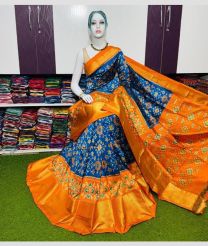 blue and orange colour pochampally ikkat pure silk sarees with All over Printed design