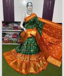 orange and green colour pochampally ikkat pure silk sarees with All over Printed design