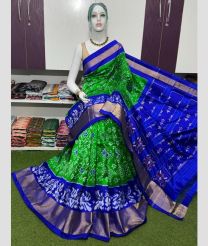 green and blue colour pochampally ikkat pure silk sarees with All over Printed design