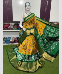 green and orange colour pochampally ikkat pure silk sarees with Pochampally Border design