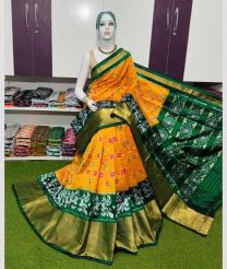 orange and green colour pochampally ikkat pure silk sarees with Pochampally Border design