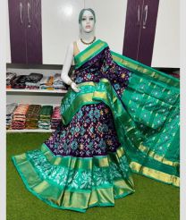 blue and charcoal colour pochampally ikkat pure silk sarees with Pochampally Border design