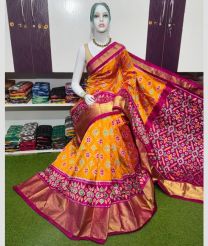 orange and purple colour pochampally ikkat pure silk sarees with All over Printed design