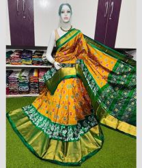 orange and green colour pochampally ikkat pure silk sarees with All over Printed design