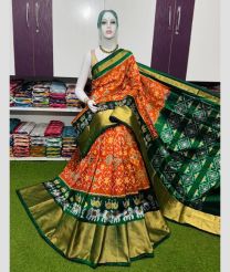coral red and green colour pochampally ikkat pure silk sarees with All over Printed design