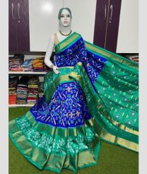 blue and green colour pochampally ikkat pure silk sarees with All over Printed design