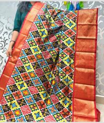yellow and magenta red colour pochampally ikkat pure silk sarees with Kanchi Border design