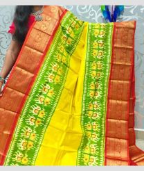 olive green colour pochampally ikkat pure silk sarees with Kanchi Border design