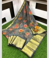 Mehndi Green with Orange  Border color Tripura Silk handloom saree with allover contrast thread weaving single lined checks with zari khaddi border design
