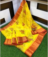 Blue with Zari Border color linen sarees handloom saree with digital printing silver border sarees design