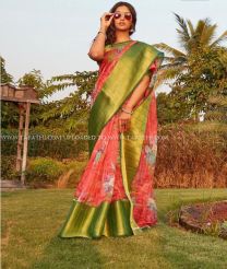 Pink with Zari Border color linen sarees handloom saree with digital printing silver border sarees design