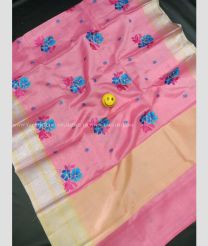 Pink with Blue Combination color Organza handloom saree with embroidery work saree with contrast blouse design