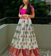 Cream and pink Pochampally pure ikkat silk lehenga with elegant design