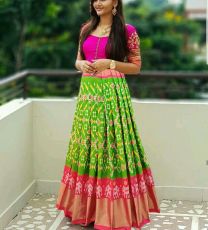 Green and pink Pochampally pure ikkat lehenga