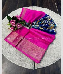 Pink and Navy Blue silk sarees with Kalamkari design - SILK0019642