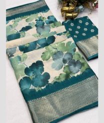 Cream and Teal silk sarees with All over Floral Printed design