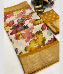 Cream and Mustard Yellow silk sarees with All over Floral Printed design