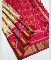 Cream and Pink soft silk kanchipuram sarees with all over pochampally  design - KASS0003682