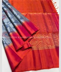 Grey and Red soft silk kanchipuram sarees with all over pochampally  design - KASS0003671