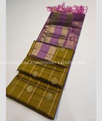 Leafy Green and Dull Purple soft silk kanchipuram sarees with All over Checks and Buttas design - KASS0003787