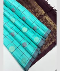 Blue Turquoise and Chocolate soft silk kanchipuram sarees with All over Checks and Buttas design