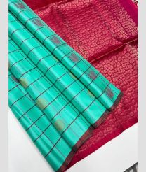 Blue Turquoise and Pink soft silk kanchipuram sarees with All over Checks and Buttas design