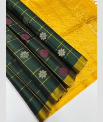 Pine Green and Yellow soft silk kanchipuram sarees with All over Checks and Buttas design