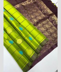Parrot Green and Chocolate soft silk kanchipuram sarees with All over Checks and Buttas design