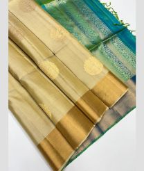 Cream and Turquoise soft silk kanchipuram sarees with Kaddy Border design